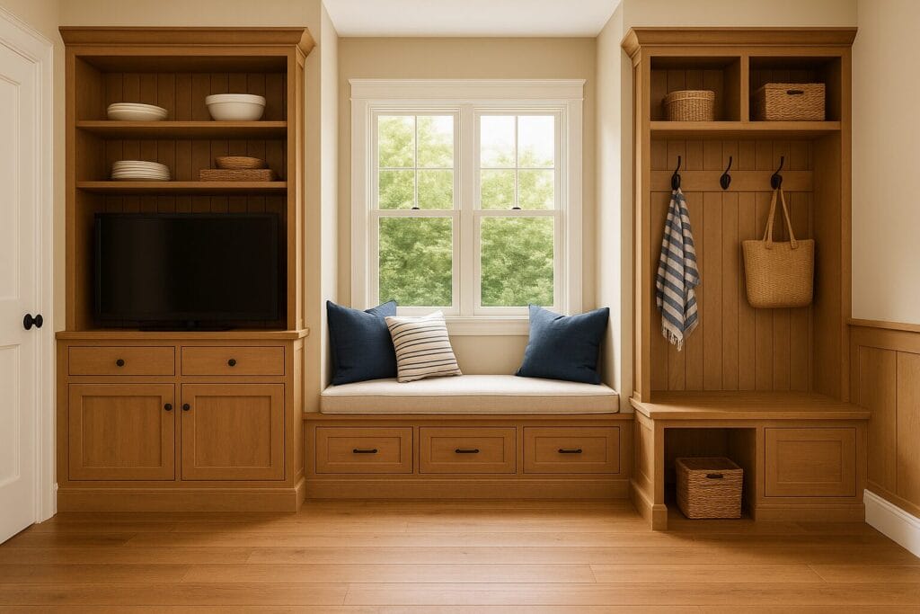 Built-in storage and window bench in modern Cape Cod homes with warm wood tones and coastal design.