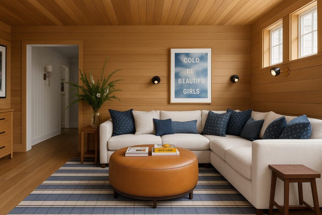 ozy living and dining area inside modern Cape Cod homes with full wood interiors.