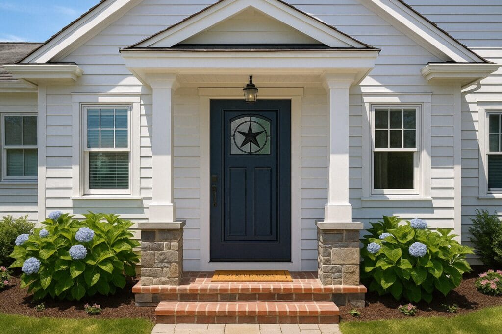 Cape Cod front door replacement with bold color and nautical glass inserts, perfect for coastal charm