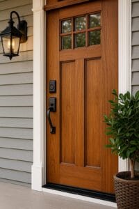 Black matte front door handle and lockset, showcasing modern hardware trends for Cape Cod front door replacement