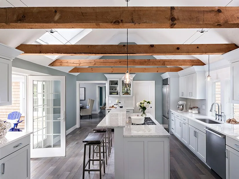 Cape Cod vacation home renovation with high end kitchen and coastal architecture 