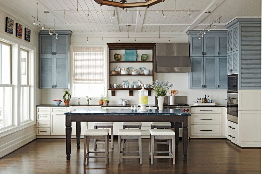 Chatham kitchen remodel with colorful custom cabinets and open shelving