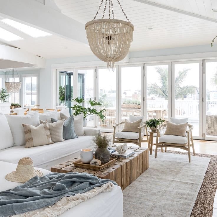 Coastal farmhouse interior in a custom home Chatham featuring bright natural light and neutral decor