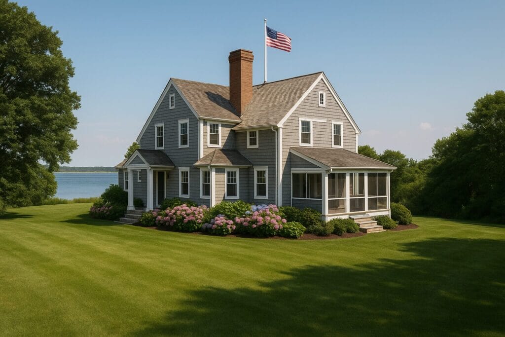 Two-story custom home Chatham with gray shingle siding, lush green lawn, hydrangeas, and peaceful water views under a clear blue sky
