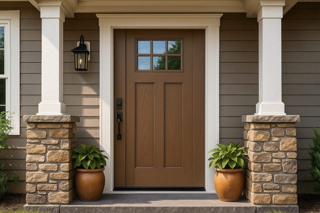 Fiberglass entry door featured in a Cape Cod front door replacement project, showcasing durability and elegant craftsman styling