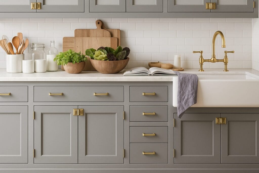 High-end kitchen upgrades Cape Cod with gray cabinets, brass hardware, and a farmhouse sink
