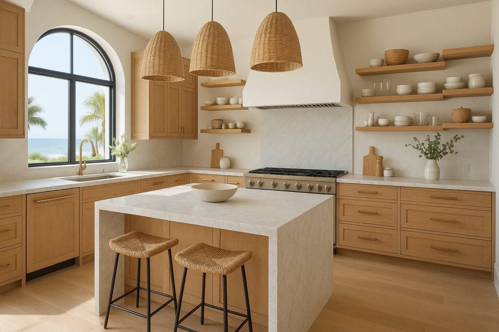 High-end kitchen upgrades Cape Cod featuring white oak cabinets, waterfall stone island, and open shelving with ocean view