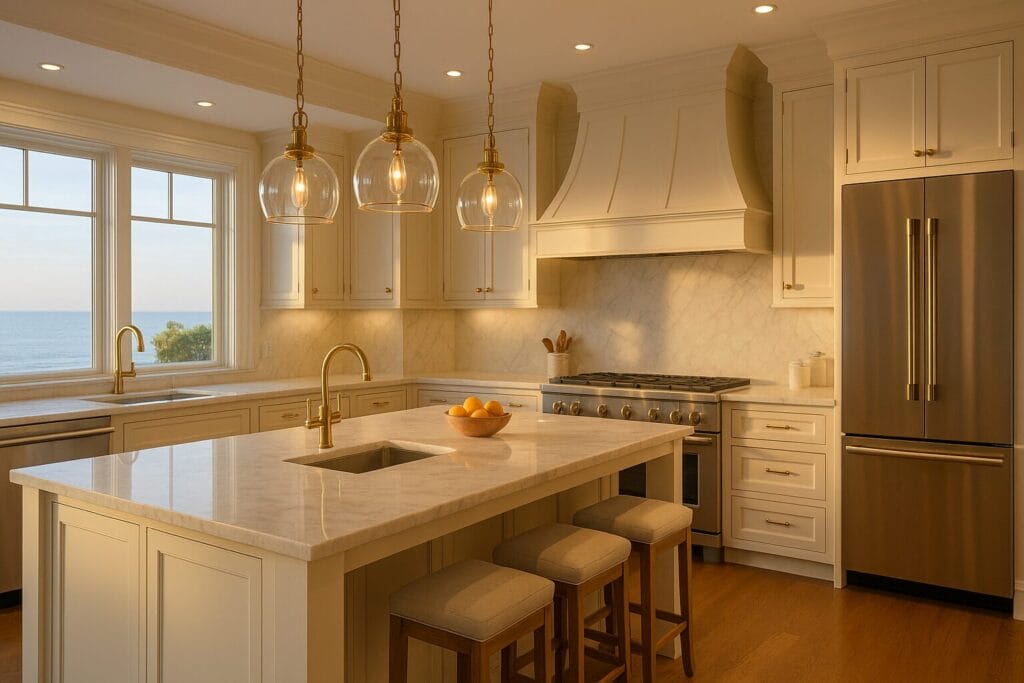 High-end kitchen upgrades Cape Cod with marble island, brass fixtures, and ocean view at sunset