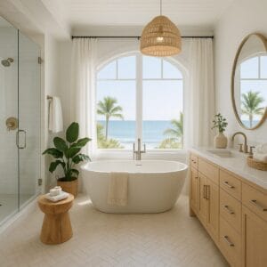 Spa-style bathroom in a luxury vacation home Cape Cod with soaking tub, glass shower, and elegant neutral tones