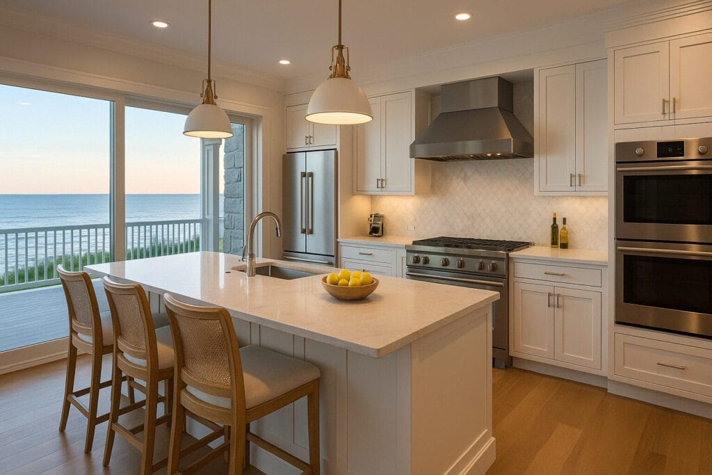 Luxury vacation home Cape Cod gourmet kitchen with ocean view, quartz island, and high-end appliances