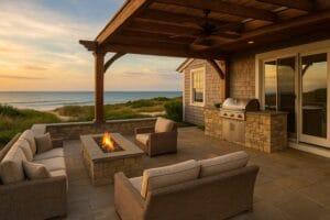 Luxury vacation home Cape Cod outdoor patio with fire pit, ocean view, and built-in kitchen under pergola