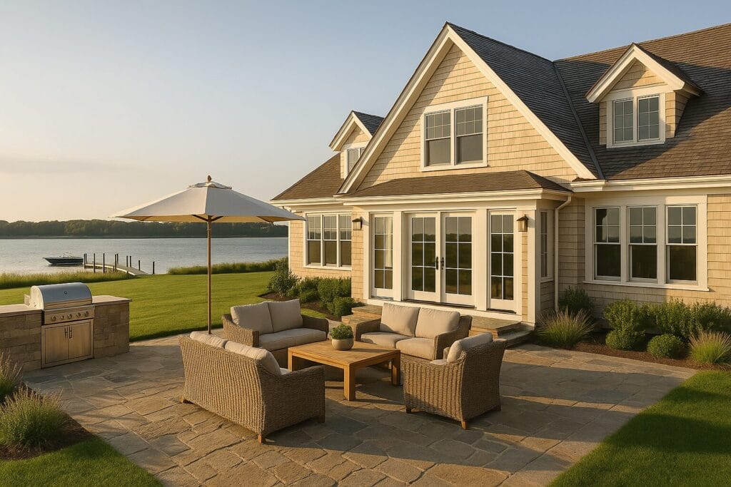 Osterville home addition featuring a Cape Cod-style house, stone patio, outdoor living space, and a waterfront dock