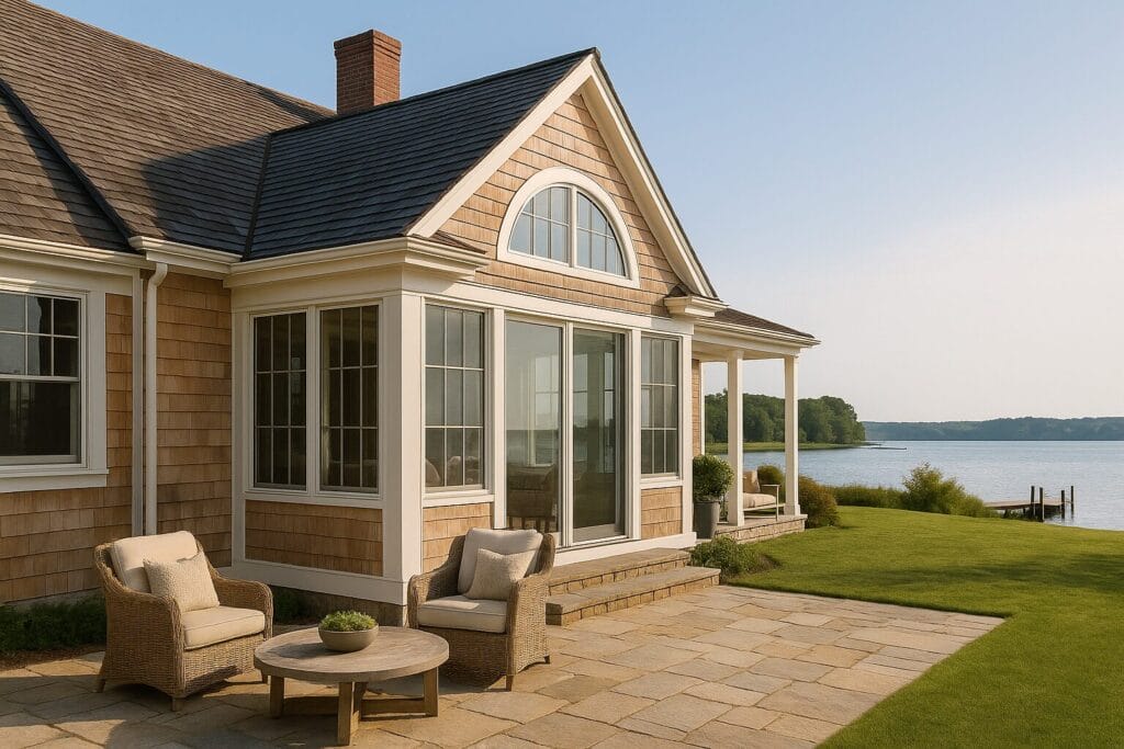 Osterville home addition featuring a sunroom with coastal Cape Cod architecture, stone patio, and waterfront view