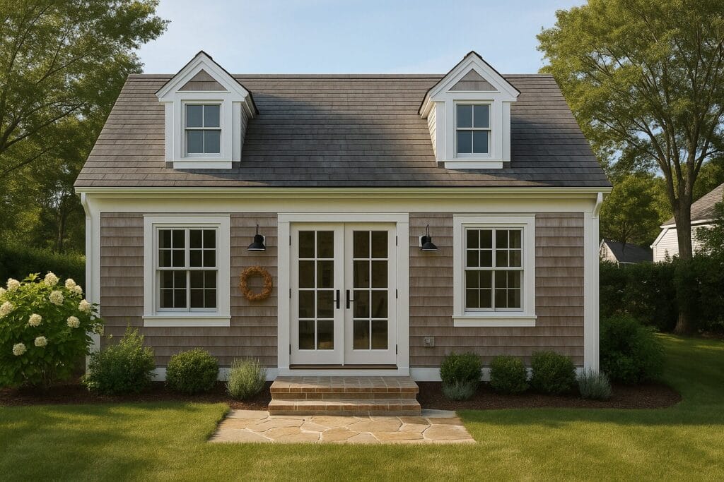A beautifully designed ADU Cape Cod guest house with shingle siding, white trim, and lush coastal landscaping
