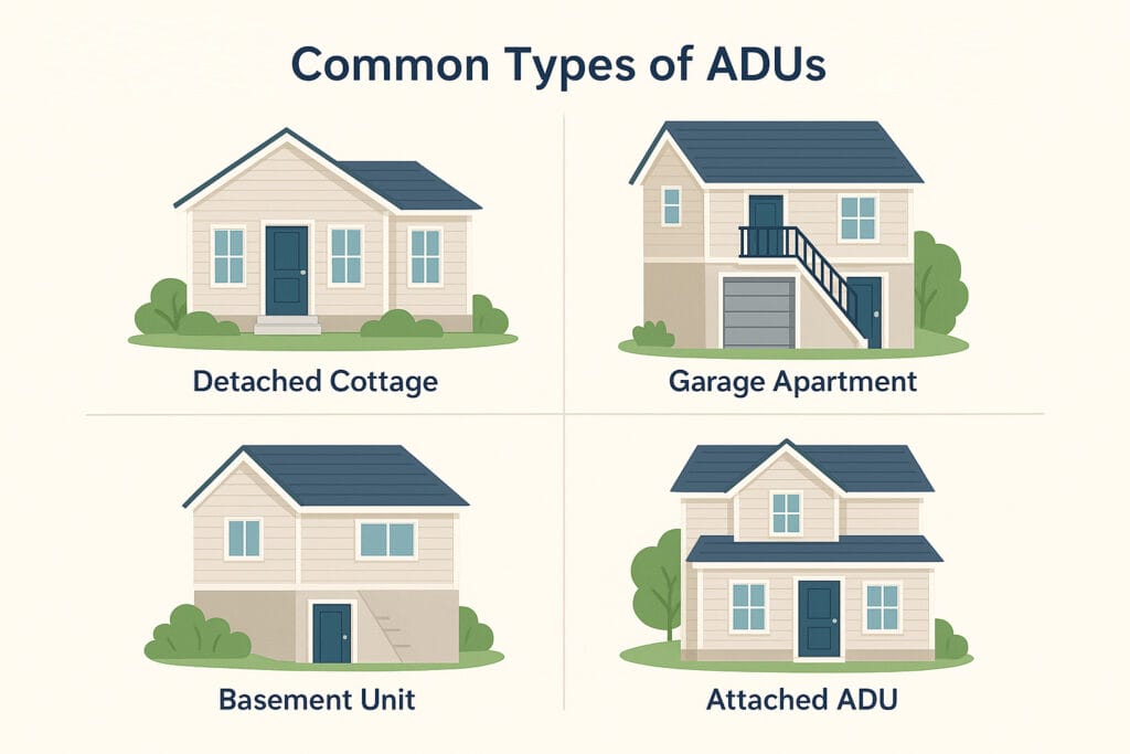 Illustrated infographic showing common ADU Cape Cod types including detached cottage, garage conversion, basement unit, and attached ADU next to a main home.