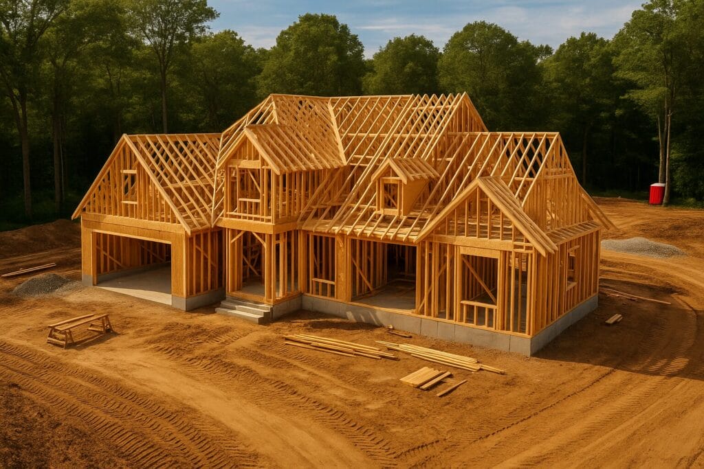 Cape Cod construction cost 2025 shown through an aerial view of a home in the framing phase
