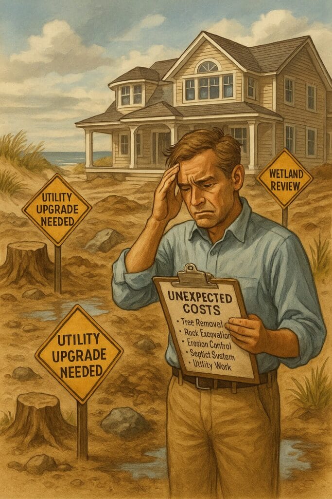 Illustration of a frustrated homeowner dealing with unexpected Cape Cod new construction cost overruns, surrounded by permit papers, utility upgrades, and site work issues. 