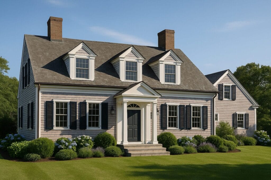 A stunning custom Cape Cod home showcasing modern coastal architecture, perfect for illustrating Cape Cod new construction cost in 2025.