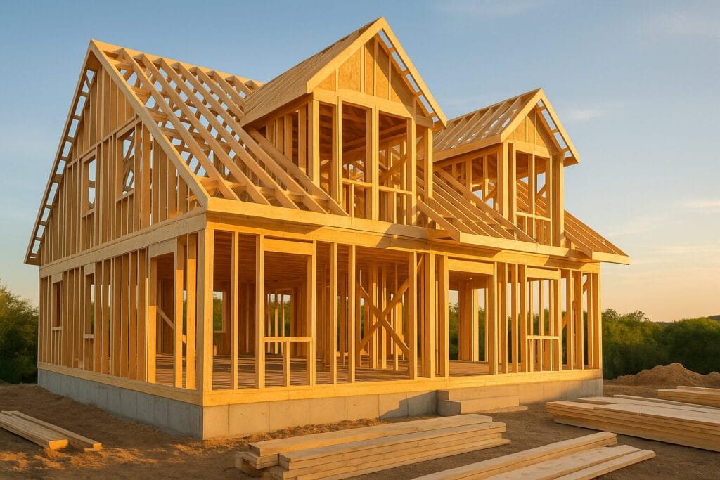 Wood framing during the Cape Cod new home construction process, built to Massachusetts building code