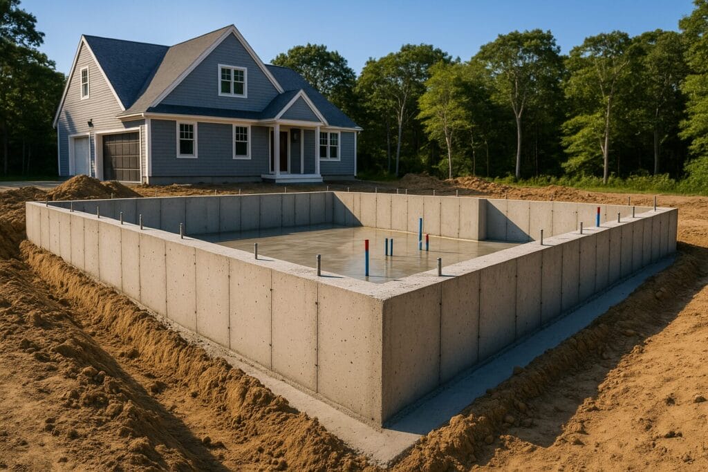 Early stage of the Cape Cod new home construction process showing foundation and site prep work.
