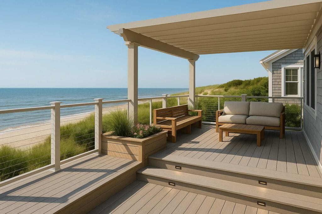 Provincetown deck building design tips shown in a coastal deck with glass railings, built-in benches, pergola, and recessed lighting
