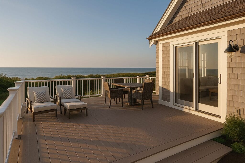 Provincetown deck building project featuring a spacious coastal deck with composite boards, white trim, and ocean views